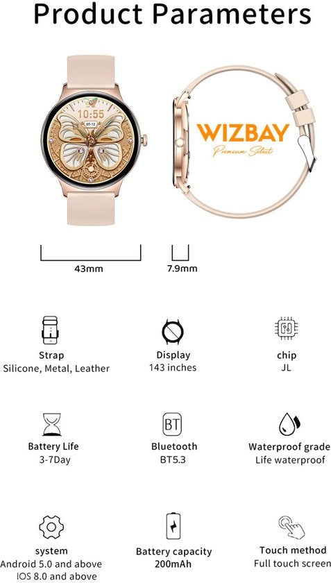 WizBay Premium Select® Ultra Dun 1.42inch AMOLED Elegante Smartwatch Dames Heren AMOLED - Android en iOS - Bluetooth Call - 02 Zuurstof - Dynamic Hartslag & Slaap Monitor - Message - Magnetic Laden - Smartwatches - Zwart Glanzende Kast - Zwarte Band