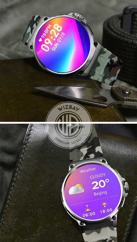 WizBay Premium Select® Sport Smartwatch 1.85 inch - Bluetooth Bellen - Hartslag en Zuurstofmeting - Slaapmonitor - 100+ Sportmodi - IP67 - Zilverkleurige Kast - Grijze TPU Band