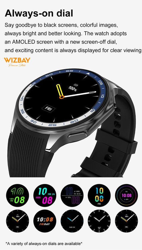 WizBay Premium Select® 1.43inch GPS AMOLED HD Smartwatch - 3D Surround Vision - MP4 Video Support - MP3 4GB Opslag tot 500 Songs - Voice Recorder - Bluetooth Bellen - Dynamische Hartslag Meter - Multi Sport Modes - Android iOS - Dual Band Bruin Zwart