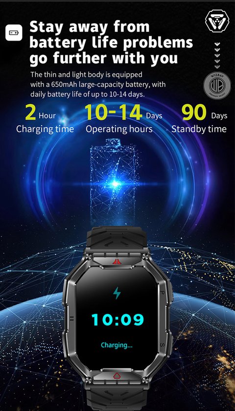 WizBay Premium Select® 2.1 inch AMOLED HD - Kompas Altitude & Barometer - LED Zaklamp - Bluetooth Bellen - Message - Dynamic Hartslag & Slaap Monitor - Bloeddruk & O2 - 100+ Sport Modi - 650mAh - Magnetic Laden - Zink Alloy Zwart Case - Zwart TPU