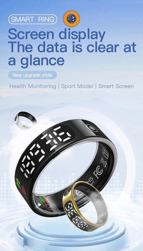 WizBay Premium Select® Smart Ring LED Dark Grey Zilver - Maat 9 - Hartslag Slaap Zuurstof - Gesture - Multi Sport Modi