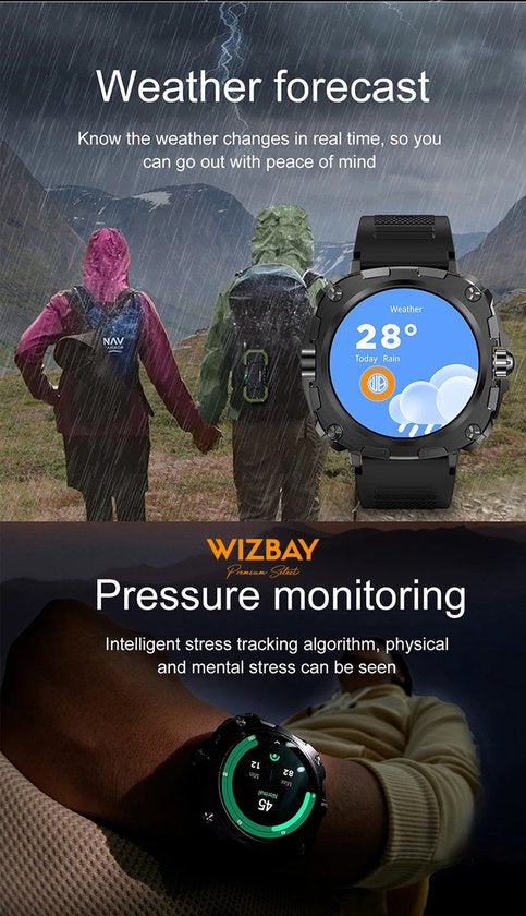 WizBay Premium Select® 1.43inch AMOLED Screen Smartwatch Dames Heren - Android en iOS - Bluetooth Call - 02 Zuurstof - Bloedruk - Dynamic Hartslag & Slaap Monitor - Message - Magnetic Laden - Smartwatches - Zwart met rvs Zwarte Band Rose Knoppen