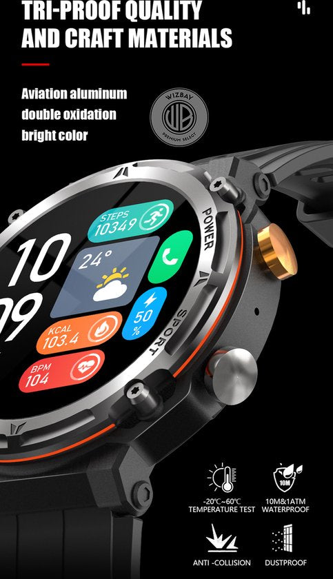 WizBay Premium Select® Smartwatch 1.39 inch - Bluetooth Bellen - Hartslag en Zuurstofmeting - Slaapmonitor - Sportmodi - AI Voice - IP67 - Mat Grijze RVS Kast - Zwarte TPU Band