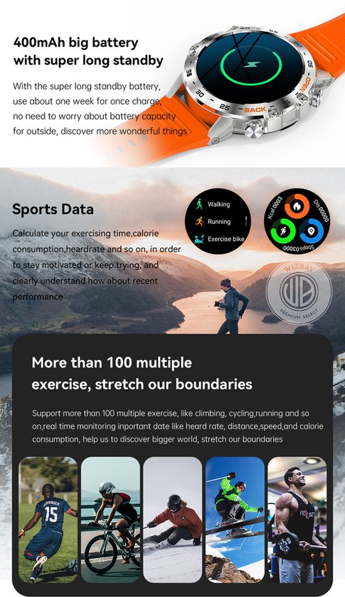 WizBay Premium Select® Sport Smartwatch - 1,39 Inch IPS Scherm - Bluetooth Bellen - Hartslag Bloeddruk Zuurstof - 100+ Sportstanden - 400mAh - Zwart
