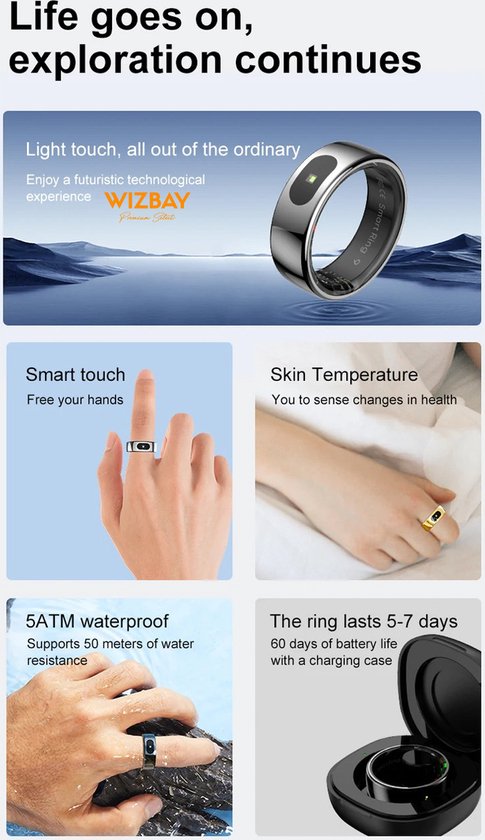 WizBay Premium Select® Smart Ring Zilver - Hartslag, Slaap, Zuurstof - Multi Sport Modi - Oplaadcase - Maat 10