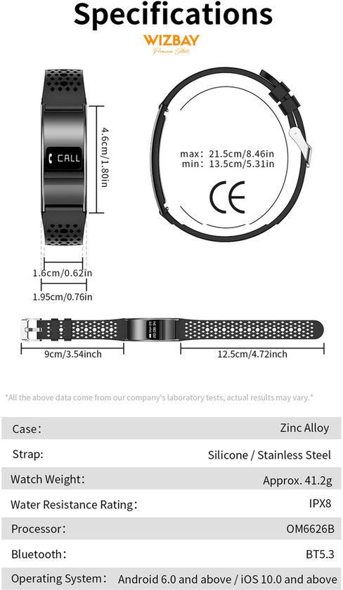 WizBay Premium Select® Smart Bracelet 2026 - Ultradun 2,8 mm - Hartslag en SpO2 - Slaapmonitor - 5ATM Waterdicht - Fitness Tracker - IPS Screen - Android en iOS - Zwart - Siliconen Band en Gewoven Siliconen Band