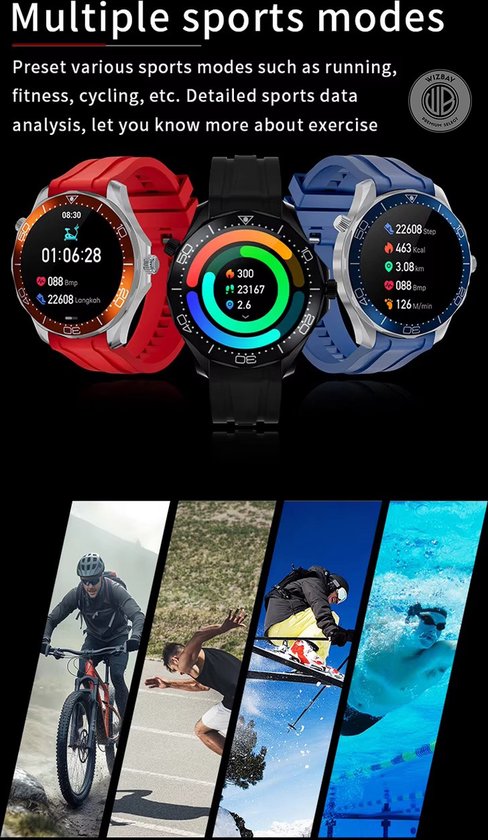 WizBay Premium Select® 1.53 inch HD TFT - Bluetooth Bellen - Message - Dynamic Hartslag & Slaap Monitor - Bloeddruk & Bloedzuurstofmeting - 100+ Sport Modi - 400mAh - Wireless Laden - Zilveren Case - RVS Zilver Band met Extra Blauwe TPU Band