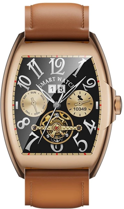 WizBay Premium Select® 2D Curved 1.77inch IPS Screen Elegante Smartwatch Dames Heren AMOLED - Android en iOS - Bluetooth Call - 02 Zuurstof - Dynamic Hartslag & Slaap Monitor - Message - Magnetic Laden - Smartwatches - Goud Bruine Lederen Band