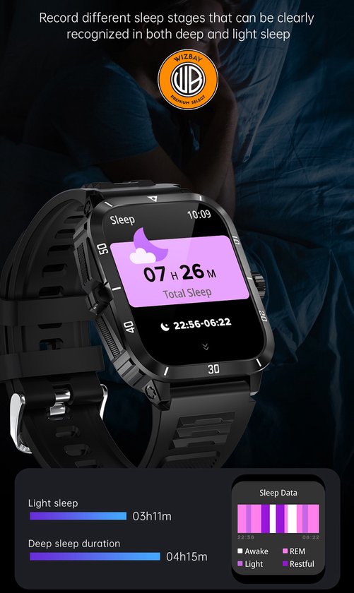 WizBay Premium Select® Outdoor Smartwatch - 1,96 Inch HD Scherm - Bluetooth Bellen - 3ATM Waterdicht - Hartslag Zuurstof Slaap - 100+ Sportstanden - 430mAh - Zwart Oranje Case