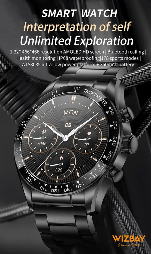 WizBay Premium Select® 1.32-inch AMOLED Smartwatch Dames/Heren – 178 Sportmodi – AI Voice – Bellen – Hartslag en Slaap – O2 – app GloryFitPro – Dual BT5.3 – 350mAh – Inclusief RVS en Siliconen Band Zwart