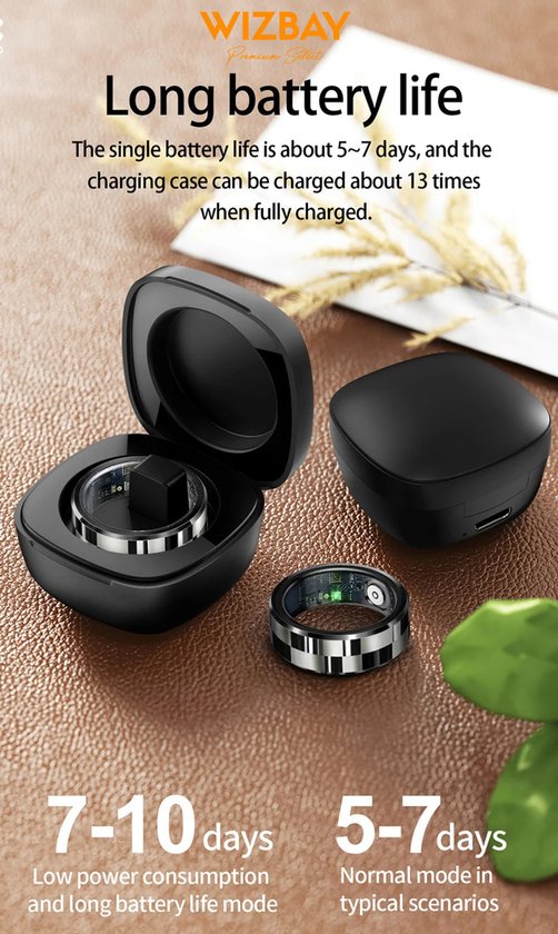 WizBay Premium Select® Smart Ring Zilver - Hartslag, Slaap, Bloeddruk, Zuurstof - Multi Sport Modi - Oplaadcase - Maat 8