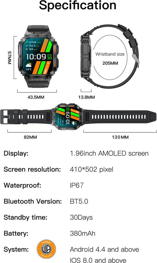 WizBay Premium Select® 1.96 inch AMOLED - Kompas - Bluetooth Bellen - Message - Dynamic Hartslag & Slaap Monitor - Bloeddruk & O2 - 100+ Sport Modi - 650mAh - Magnetic Laden - Zink Alloy Mat Zilveren Kast - Oranje TPU Band