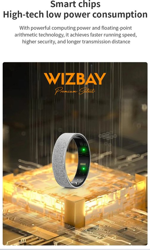 WizBay Premium Select® Gouden FrostLook Smart Ring Dames Heren - Oplaad Case - Hypoallergeen - Hartslag & Slaap Monitor - IP68 Waterdicht - O2 Meting - Gesture Functie - Multiple Sport Modi - #9