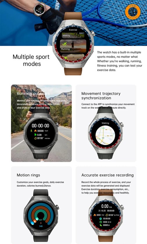 WizBay Premium Select® 1.53 inch TFT Smartwatch Dames Heren - Sapphire Glas - Android en iOS - Bluetooth Call - 02 Zuurstof - Bloedruk - Message - AI Voice - Multiple Sport Modi - Obsidiaan Zwarte Case 2 extra Banden Zwart Leer en Siliconen
