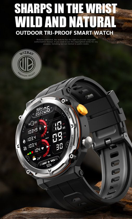 WizBay Premium Select® Smartwatch 1.39 inch - Bluetooth Bellen - Hartslag en Zuurstofmeting - Slaapmonitor - Sportmodi - AI Voice - IP67 - Mat Grijze RVS Kast - Zwarte TPU Band