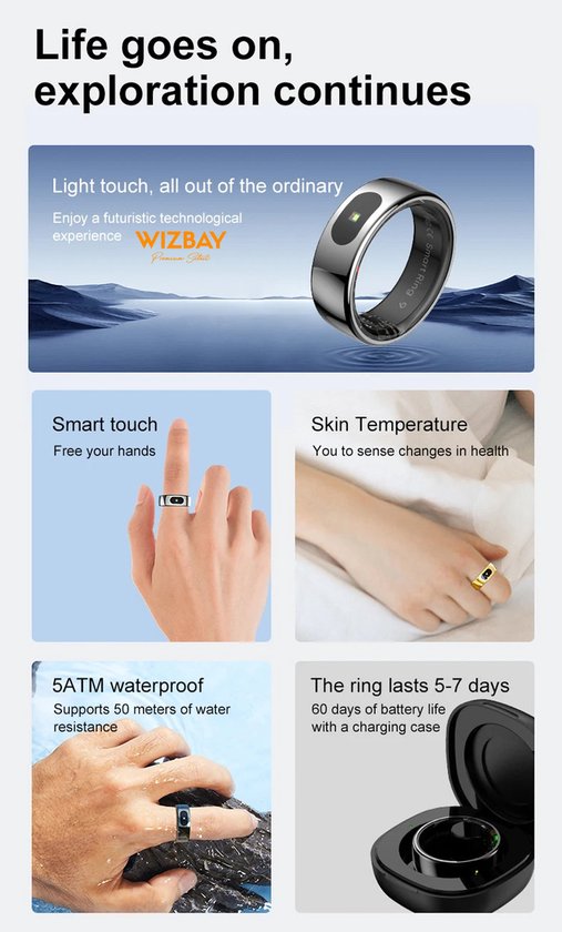 WizBay Premium Select® Smart Ring Goud - Maat 11 - Smart Ring met Hartslag, Slaap, Zuurstof - Multi Sport Modi