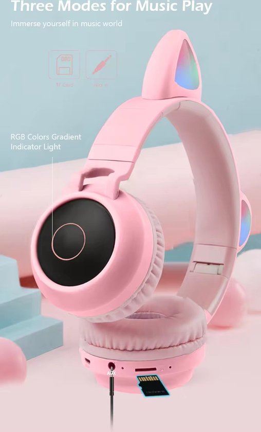 WizBay Premium Select® CAT Ear KIDS LED Headset met Microfoon LED op de Buitenkant - HD Bluetooth Phone Call - Ingebouwde Microfoon - SD Card - Verstelbare Hoofdband - Soft Zuurstof doorlatend Ear Pads - Kleur Donker Paars Buitenkant Roze Binnenkant