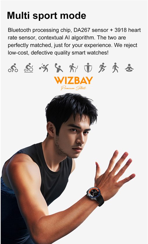 WizBay Premium Select® 1.43inch GPS AMOLED HD Smartwatch - 3D Surround Vision - MP4 Video Support - MP3 4GB Opslag tot 500 Songs - Voice Recorder - Bluetooth Bellen - Dynamische Hartslag Meter - Multi Sport Modes - Android iOS - Dual Band Bruin Zwart