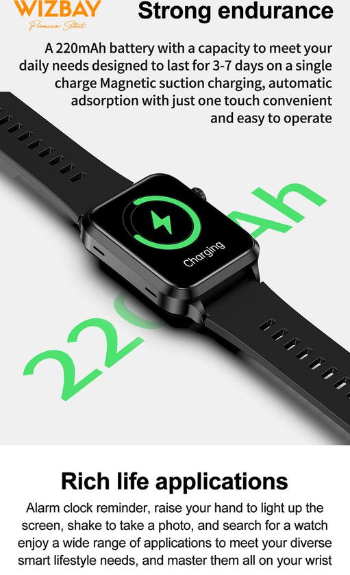 WizBay Premium Select® Smartwatch Dames Heren 1.92inch - Glucose Meting - Airbag Blooddruk - ECG - Urinezuur Bloedlipiden Meting - O2 - Multiple Sport Modi - Message - Alu Mat Zwart Case - Smartwatches - Zwarte TPU Band
