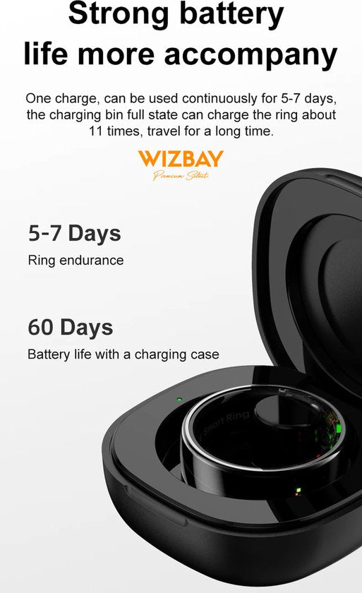WizBay Premium Select® Smart Ring Zilver - Hartslag, Slaap, Zuurstof - Multi Sport Modi - Oplaadcase - Maat 10