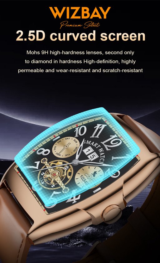 WizBay Premium Select® 2D Curved 1.77inch IPS Screen Elegante Smartwatch Dames Heren AMOLED - Android en iOS - Bluetooth Call - 02 Zuurstof - Dynamic Hartslag & Slaap Monitor - Message - Magnetic Laden - Smartwatches - Goud Bruine Lederen Band