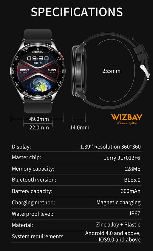 WizBay Premium Select® 2-in-1 Sport Smartwatch met Verborgen Oordopjes - 1,39 Inch - Bluetooth Bellen - Hartslag Bloeddruk Zuurstof - AI Voice - MP3 - IP67 - Zwart