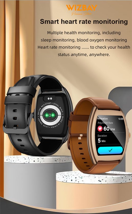 WizBay Premium Select® 2D Curved 1.77inch IPS Screen Elegante Smartwatch Dames Heren AMOLED - Android en iOS - Bluetooth Call - 02 Zuurstof - Dynamic Hartslag & Slaap Monitor - Message - Magnetic Laden - Smartwatches - Goud Bruine Lederen Band
