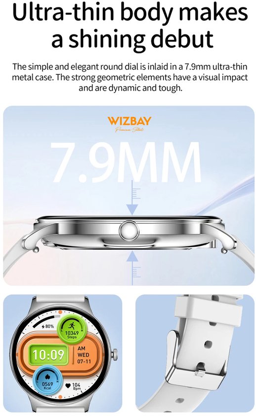 WizBay Premium Select® Ultra Dun 1.42inch AMOLED Elegante Smartwatch Dames Heren AMOLED - Android en iOS - Bluetooth Call - 02 Zuurstof - Dynamic Hartslag & Slaap Monitor - Message - Magnetic Laden - Smartwatches - Zwart Glanzende Kast - Zwarte Band