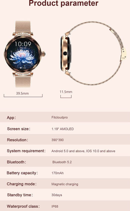 WizBay Premium Select® 1.19inch Smartwatch Dames Heren 1.19inch AMOLED - Android iOS - 14 Zirkonia in Band - Bellen - Magnetic Laden - O2 en Bloeddrukmeter - Sport Modi - Message - Slaap meter - Smartwatches - Zilveren Band - 1 Extra Roze TPU Band