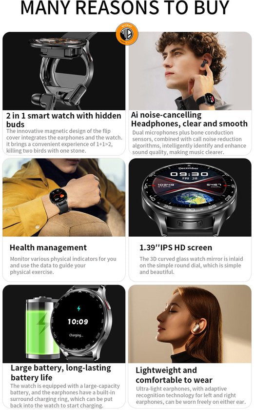 WizBay Premium Select® 1.39inch 2in1 Sport Smartwatch Dames Heren MP3 Player met EARBUDS - 300Ah Watch - 25mAh Earbuds - Bluetooth Bellen - AI Voice - O2 Bloeddrukmeter Multi Sport Modes - Android iOS - Zilver met Zwarte Siliconen Band