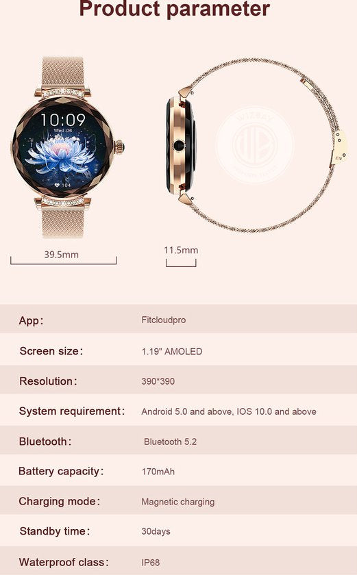 WizBay Premium Select® 1.19inch Smartwatch Dames Heren AMOLED - Android en iOS - Bluetooth Call - Smartwatches - Magnetic Laden - O2 en Bloeddrukmeter - Multiple Sport - Message - Slaap meter - Gold Horlogekast - Gold Band plus Roze TPU Band