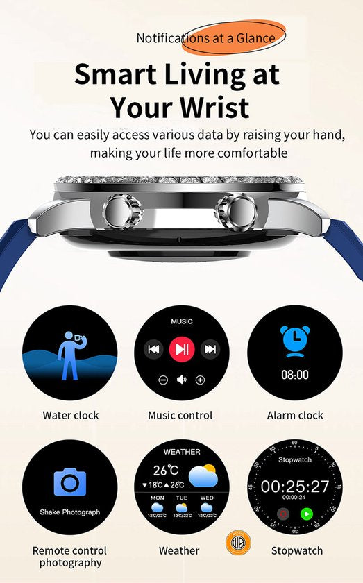 WizBay Premium Select® Smartwatch 1.52 Inch AMOLED - Bellen - Wireless Charging - Kompas - Hartslag O2 en Bloeddruk - Multi Sport - Zilver - Zwart Lederen Band extra Zwarte TPU Band