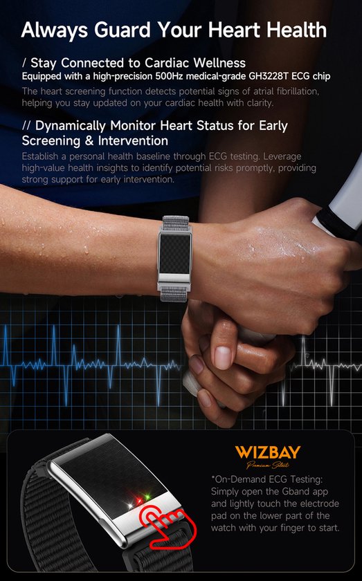 WizBay Premium Select® Smart Bracelet - Screenloze Gezondheidsarmband - ECG - HRV - Hartslag - Zuurstof - Temperatuur - Glucosetrends - BMI - iOS en Android - IP68 - Zilver Rosé