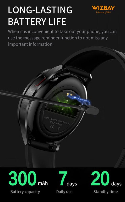 WizBay Premium Select® 2-in-1 Sport Smartwatch met Verborgen Oordopjes - 1,39 Inch - Bluetooth Bellen - Hartslag Bloeddruk Zuurstof - AI Voice - MP3 - IP67 - Zwart