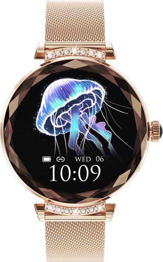 WizBay Premium Select® 1.19inch Smartwatch Dames Heren AMOLED - Android en iOS - Bluetooth Call - Smartwatches - Magnetic Laden - O2 en Bloeddrukmeter - Multiple Sport - Message - Slaap meter - Gold Horlogekast - Gold Band plus Roze TPU Band