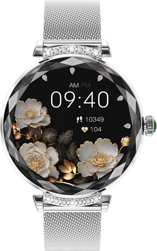 WizBay Premium Select® 1.19inch Smartwatch Dames Heren 1.19inch AMOLED - Android iOS - 14 Zirkonia in Band - Bellen - Magnetic Laden - O2 en Bloeddrukmeter - Sport Modi - Message - Slaap meter - Smartwatches - Zilveren Band - 1 Extra Roze TPU Band