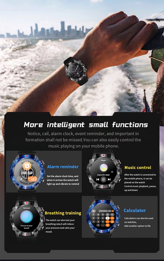 WizBay Premium Select® 1.39inch Sport Smartwatch Dames Heren TFT - Android en iOS - Bellen - Magnetic Laden - Slaap Hart Monitor - O2 Bloeddrukmeter - Sport Modi - Message - Smartwatches - Allu Mat Zwarte Case Blauwe Allu Rim - Zwarte TPU Band