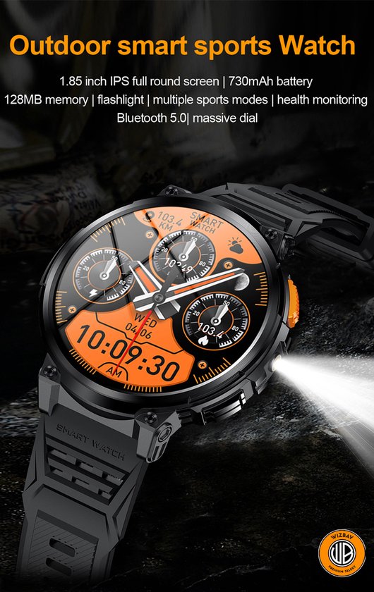 WizBay Premium Select® 1.83inch HD TFT - Bellen AI Voice - Message - Hartslag & Slaap Monitor - Bloeddruk & O2 - 100+ Sport Modi - LED Zaklamp - 730mAh - Magnetic Laden - Zinc Alloy Zwarte Case - Zwarte TPU Band