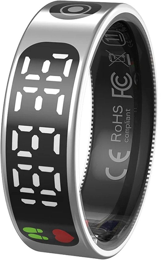 WizBay Premium Select® Smart Ring LED Dark Grey Zilver - Maat 9 - Hartslag Slaap Zuurstof - Gesture - Multi Sport Modi
