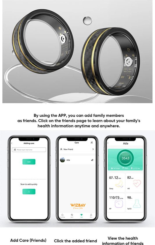 WizBay Premium Select® Aluminium Bi-Color Carbon Fiber Goud Smart Ring – Dames Heren – Oplaad Case - Hypoallergeen - Hartslag & Slaap Monitor - IP68 Waterdicht - O2 Meting - Gesture Functie - Multiple Sport Modi - Bi-Color Goud Zwart #12