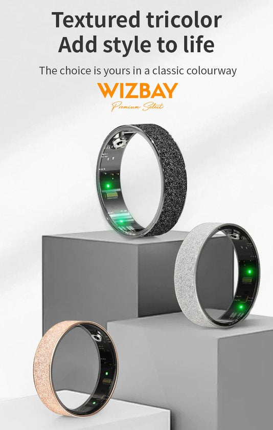 WizBay Premium Select® Gouden FrostLook Smart Ring Dames Heren - Oplaad Case - Hypoallergeen - Hartslag & Slaap Monitor - IP68 Waterdicht - O2 Meting - Gesture Functie - Multiple Sport Modi - #9