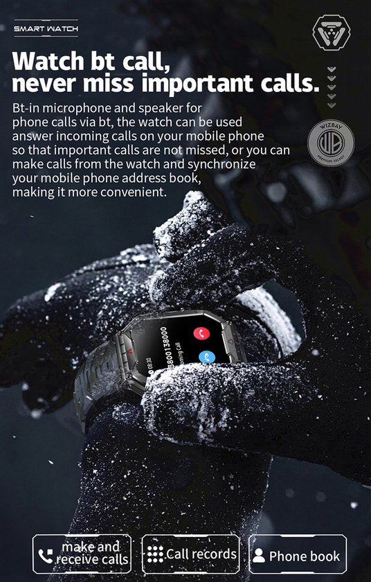 WizBay Premium Select® 2.1 inch AMOLED HD - Kompas Altitude & Barometer - LED Zaklamp - Bluetooth Bellen - Message - Dynamic Hartslag & Slaap Monitor - Bloeddruk & O2 - 100+ Sport Modi - 650mAh - Magnetic Laden - Zink Alloy Zwart Case - Zwart TPU
