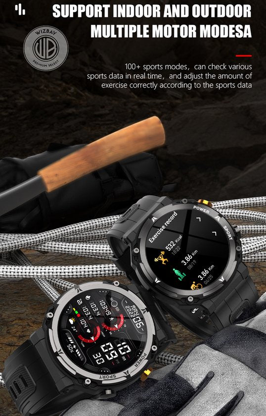 WizBay Premium Select® Smartwatch 1.39 inch - Bluetooth Bellen - Hartslag en Zuurstofmeting - Slaapmonitor - Sportmodi - AI Voice - IP67 - Mat Grijze RVS Kast - Zwarte TPU Band