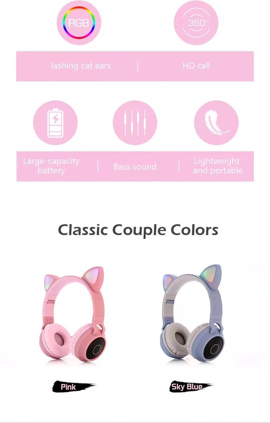 WizBay Premium Select® CAT Ear KIDS LED Headset met Microfoon - LED op de Buitenkant - HD Bluetooth Phone Call - Ingebouwde Microfoon - SD Card - Verstelbare Hoofdband - Soft Zuurstof doorlatend Ear Pads - Headset Draadloos - Kleur Roze