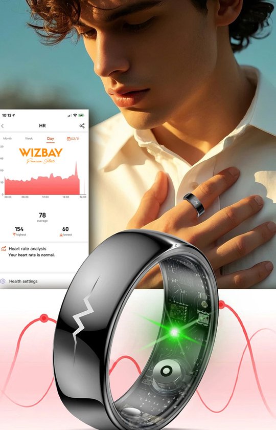 WizBay Premium Select® FlashSense Smart Ring – Glucose & ECG Meting – Gesture – Hypoallergeen – Waterdicht IP68 – Dames & Heren – Oplaadcase – Slaap, O2, Bloeddruk, Hartslag & Sportmonitoring - Zwart #10