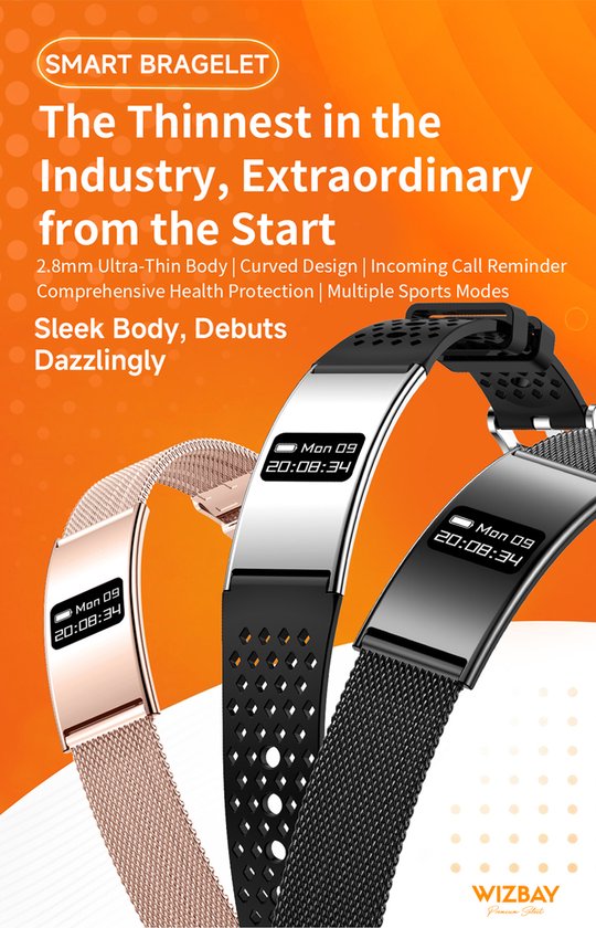 WizBay Premium Select® Smart Bracelet 2026 - Ultradun 2,8 mm - Hartslag en SpO2 - Slaapmonitor - 5ATM Waterdicht - Fitness Tracker - IPS Screen - Android en iOS - Goud - Siliconen en Gewoven Siliconen Band Zwart