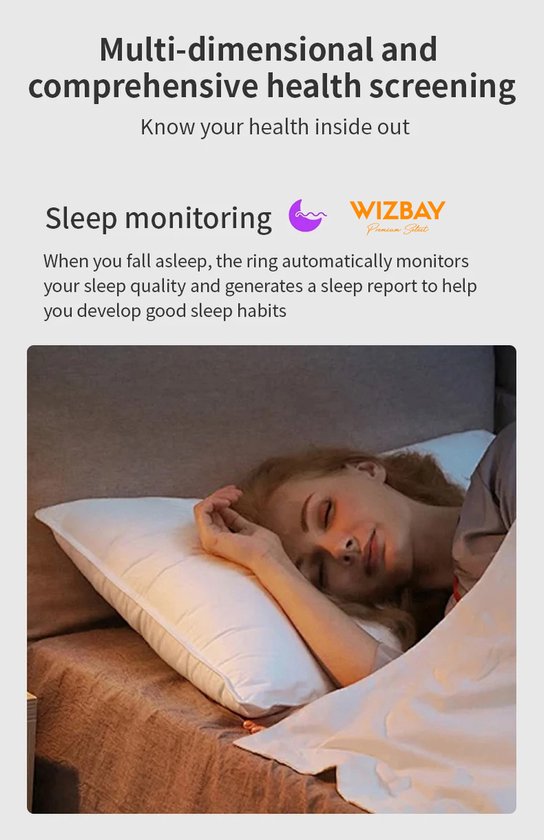 WizBay Premium Select® Gouden FrostLook Smart Ring Dames Heren - Oplaad Case - Hypoallergeen - Hartslag & Slaap Monitor - IP68 Waterdicht - O2 Meting - Gesture Functie - Multiple Sport Modi - #10
