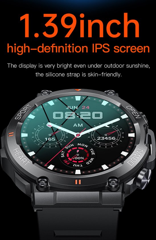 WizBay Premium Select® 1.39 inch HD TFT - Bluetooth Bellen AI Voice - Message - Dynamic Hartslag & Slaap Monitor - Bloeddruk & Bloedzuurstofmeting - 100+ Sport Modi - 700mAh - Magnetic Laden - Zink Alloy Zwarte Case - Zwarte TPU Band