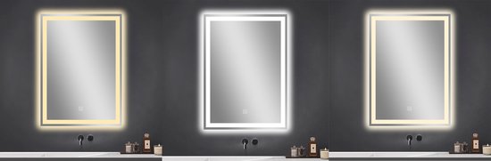 WizBay Premium Select® Luxe LED Badkamerspiegel met Touch Switch 52.4x37.5 cm – Tri-Color 3 Led Standen – Gehard Glas - Spiegel - Eenvoudige installatie