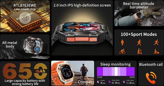 WizBay Premium Select® 2.0 inch HD TFT - Kompas, Altitude & Barometer, Meter - Bluetooth Bellen - Message - Dynamic Hartslag & Slaap Monitor - Bloeddruk & O2 - 100+ Sport Modi - 650mAh - Magnetic Laden - Zink Alloy Mat Grijze Kast - Zwart TPU Band